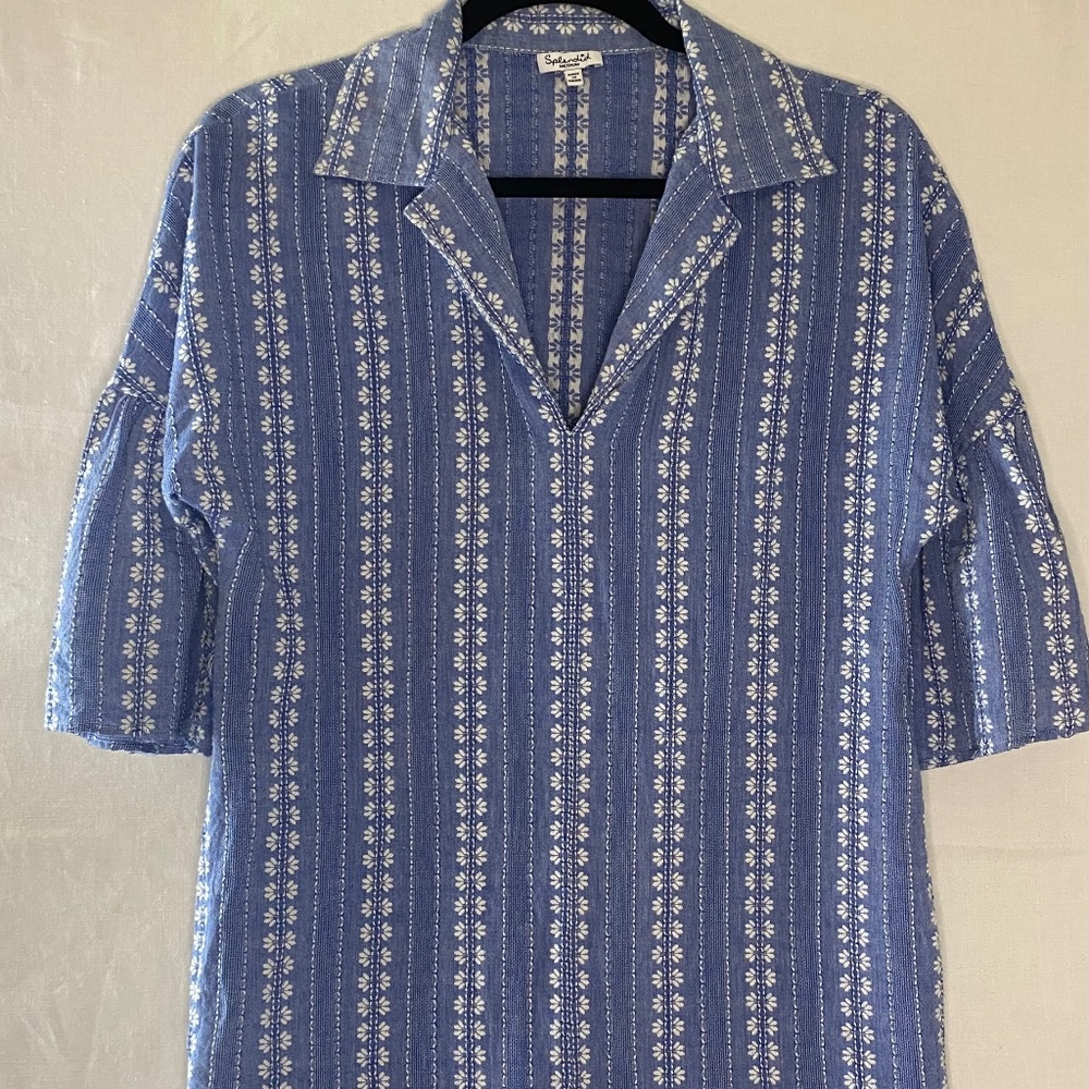 Splendid Women's Blue White Striped Embroidered Tunic Dress Pullover Size Medium